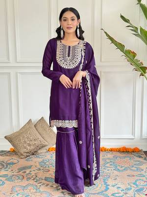 Wine color vichitra silk embroidery smart readymade kurta set 3