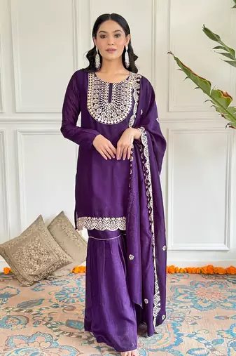 Wine color vichitra silk embroidery smart readymade kurta set