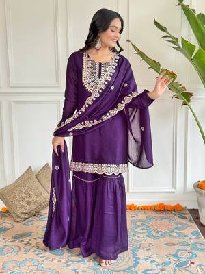 Wine color vichitra silk embroidery smart readymade kurta set 4