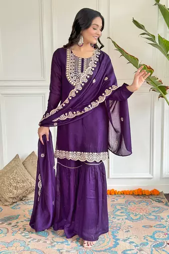 Wine color vichitra silk embroidery smart readymade kurta set