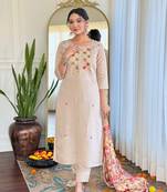 Beige color rayon fabric embroidery work with printed smart readymade kurta set