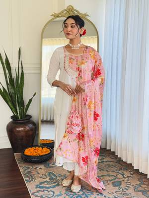 Off white color rayon embroidery with printed smart readymade kurta set 1