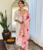 Off white color rayon fabric embroidery work with printed smart readymade kurta set