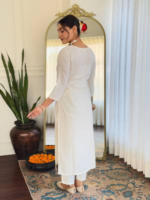 Off white color rayon embroidery with printed smart readymade kurta set 2
