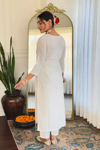 Off white color rayon embroidery with printed smart readymade kurta set