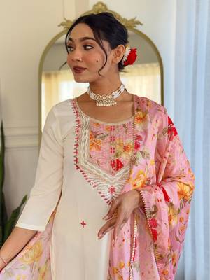 Off white color rayon embroidery with printed smart readymade kurta set 3