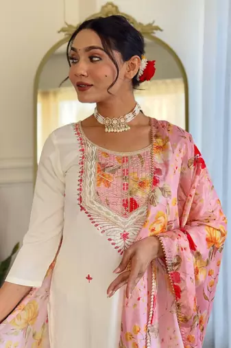 Off white color rayon embroidery with printed smart readymade kurta set