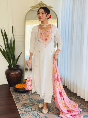 Off white color rayon embroidery with printed smart readymade kurta set 4