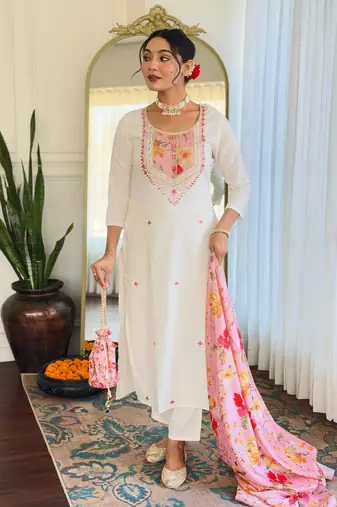 Off white color rayon embroidery with printed smart readymade kurta set