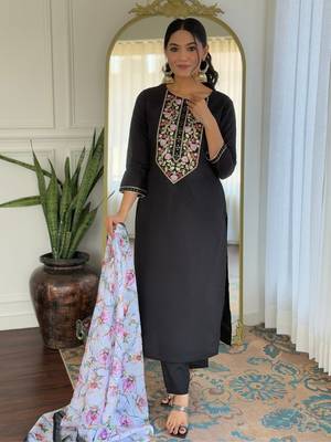 Black color rayon embroidery with printed smart readymade kurta set 1