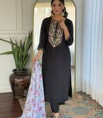 Black color rayon fabric embroidery work with printed smart readymade kurta set