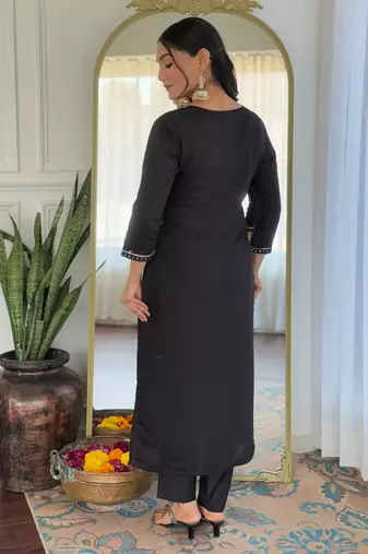 Black color rayon embroidery with printed smart readymade kurta set