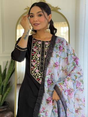 Black color rayon embroidery with printed smart readymade kurta set 3