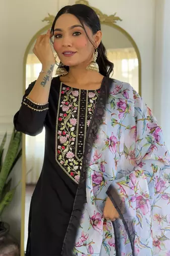 Black color rayon embroidery with printed smart readymade kurta set