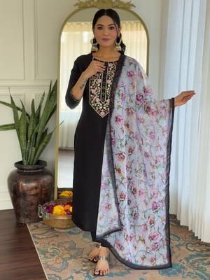 Black color rayon embroidery with printed smart readymade kurta set 4