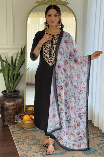 Black color rayon embroidery with printed smart readymade kurta set