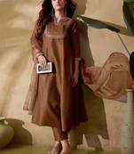 Coffee color vichitra silk fabric embroidery work smart readymade kurta set
