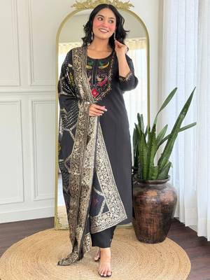 Black color roman silk embroidery with wevon smart readymade kurta set 1