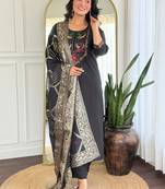 Black color roman silk fabric embroidery work with wevon smart readymade kurta set