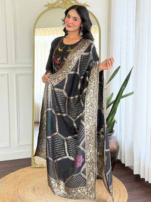 Black color roman silk embroidery with wevon smart readymade kurta set 2