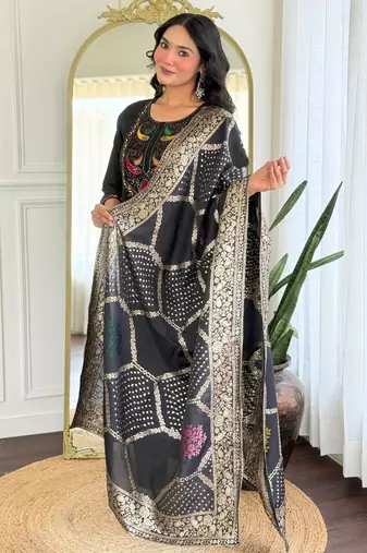 Black color roman silk embroidery with wevon smart readymade kurta set