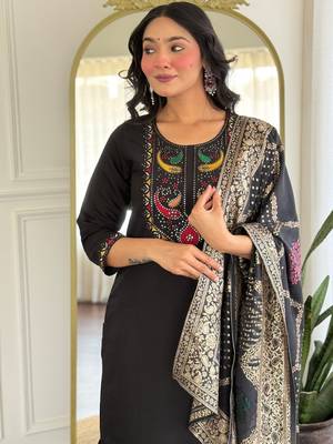 Black color roman silk embroidery with wevon smart readymade kurta set 3