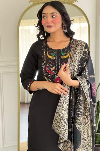 Black color roman silk embroidery with wevon smart readymade kurta set
