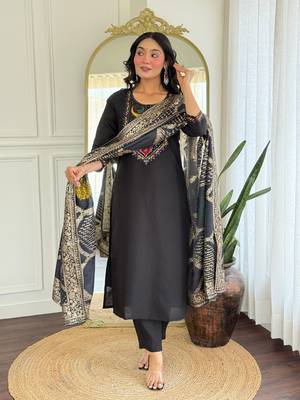 Black color roman silk embroidery with wevon smart readymade kurta set 4