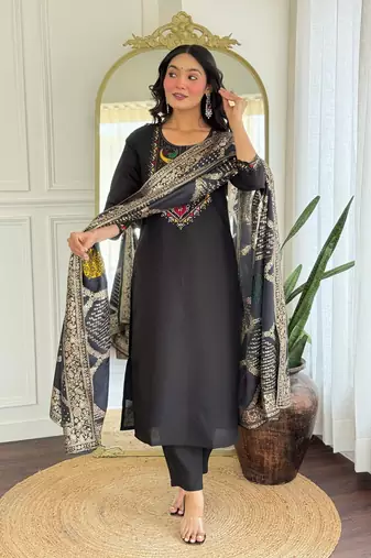 Black color roman silk embroidery with wevon smart readymade kurta set