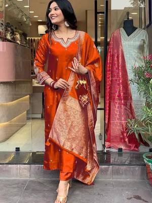 Orange color embroidery work roman silk fabric stylish partywear readymade kurta set 1