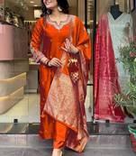 Orange color embroidery work roman silk fabric stylish partywear readymade kurta set