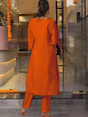 Orange color embroidery work roman silk fabric stylish partywear readymade kurta set 2