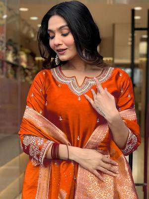 Orange color embroidery work roman silk fabric stylish partywear readymade kurta set 3