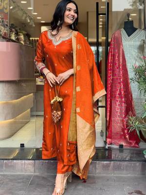 Orange color embroidery work roman silk fabric stylish partywear readymade kurta set 4