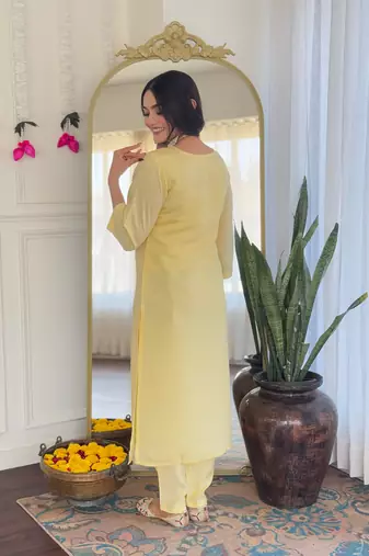 Yellow color embroidery with printed chanderi viscosee stylish partywear readymade kurta set