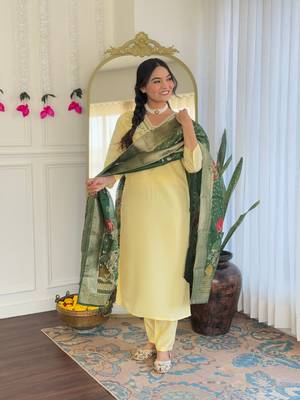 Yellow color embroidery with printed chanderi viscosee stylish partywear readymade kurta set 4