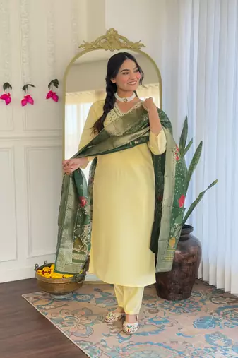 Yellow color embroidery with printed chanderi viscosee stylish partywear readymade kurta set