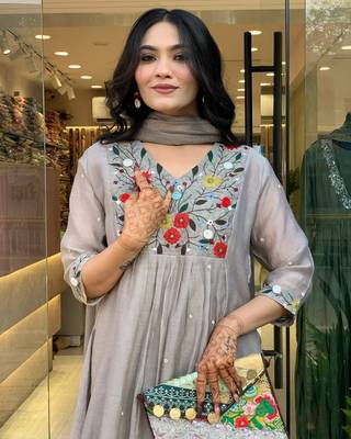 Grey color embroidery viscosee chinon stylish partywear readymade kurta set 3