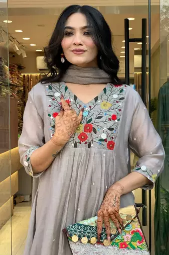 Grey color embroidery viscosee chinon stylish partywear readymade kurta set