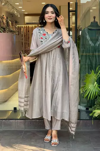Grey color embroidery viscosee chinon stylish partywear readymade kurta set