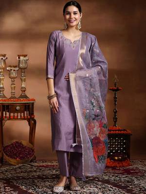 Purple color embroidery with printed viscosee stylish partywear readymade kurta set 1