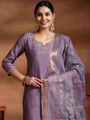 Purple color embroidery with printed viscosee stylish partywear readymade kurta set 3