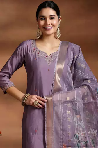 Purple color embroidery with printed viscosee stylish partywear readymade kurta set
