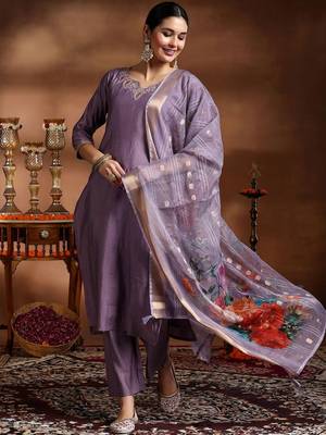 Purple color embroidery with printed viscosee stylish partywear readymade kurta set 4