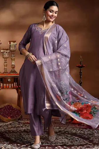 Purple color embroidery with printed viscosee stylish partywear readymade kurta set
