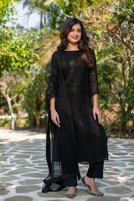 Black color embroidery work faux georgette fabric stylish partywear readymade kurta set 1