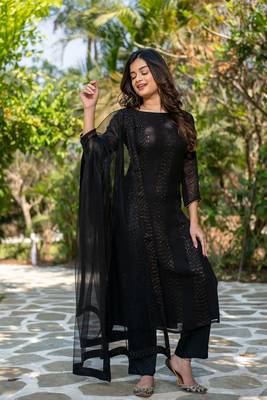 Black color embroidery work faux georgette fabric stylish partywear readymade kurta set 3
