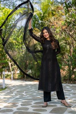 Black color embroidery work faux georgette fabric stylish partywear readymade kurta set 4