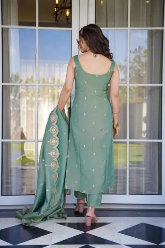 Green color embroidery viscosee chanderi stylish partywear readymade kurta set