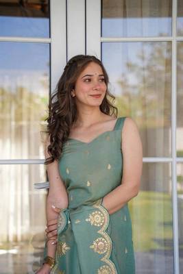 Green color embroidery viscosee chanderi stylish partywear readymade kurta set 3